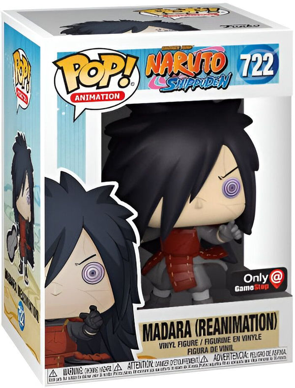 Une figurine Funko Pop de Madara Uchiwa en mode réanimation de la série Naruto Shippuden. La figurine est représentée dans sa tenue rouge emblématique avec un Sharingan dans l'œil gauche.