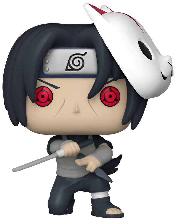 Figurine Funko Pop de Kakashi Hatake, un personnage populaire de l'anime Naruto, tenant son masque de chien. Kakashi porte son bandeau de Konohagakure avec le symbole du village.