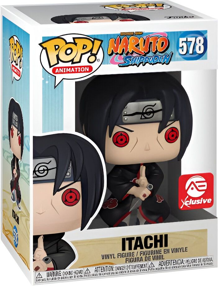 Figure Funko Pop d'Itachi Uchiha de l'anime Naruto Shippuden, avec un bandeau sur le front et le Sharingan actif. La figurine est dans sa boîte d'origine et est exclusive.