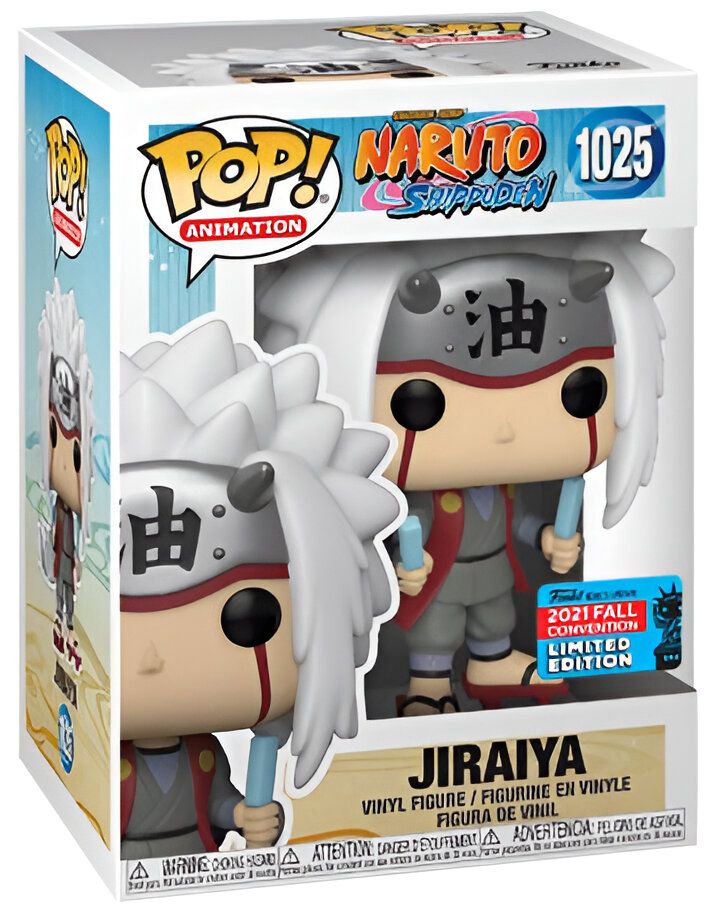Figurine Funko Pop de Jiraya, un personnage de l'anime Naruto Shippuden. La figurine est représentée avec son costume emblématique et ses cheveux blancs. Il s'agit d'une édition limitée de la convention d'automne 2021.