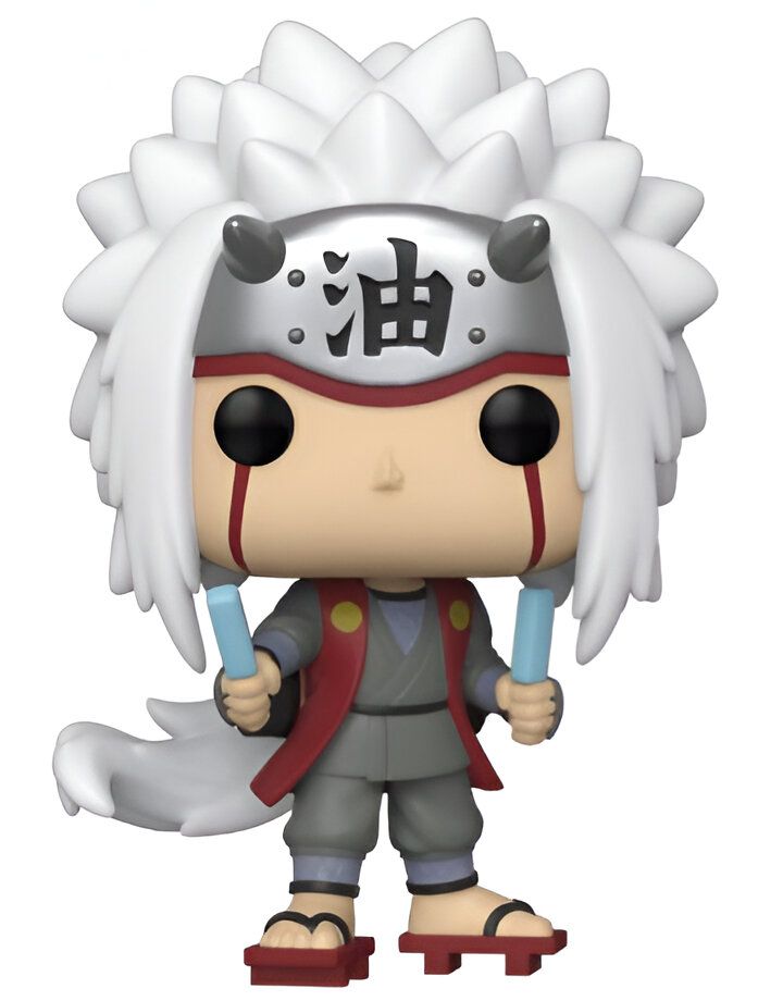 Figurine Funko Pop de  Jiraiya, un personnage de la série manga et anime Naruto, avec sa célèbre coiffure blanche et ses habits rouges et gris. Il tient deux bâtonnets de chakra dans les mains.
