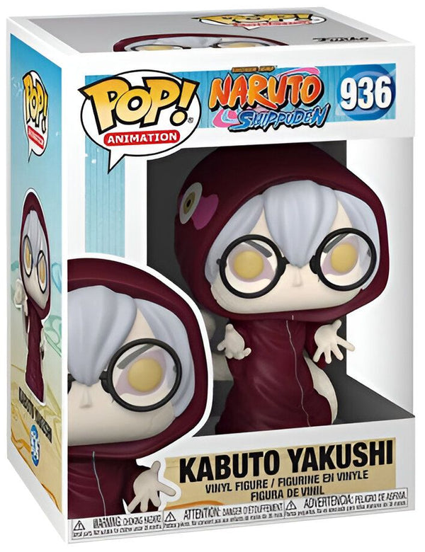 Figurines Pop de Kabuto Yakushi de Naruto Shippuden, un personnage fictif avec des cheveux blancs et des lunettes rondes, vêtu d'une robe rouge. La figurine est présentée dans sa boîte d'origine.