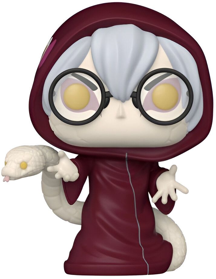 Figurine Funko Pop de Orochimaru, personnage de l'anime Naruto, portant une robe rouge et tenant un serpent blanc.