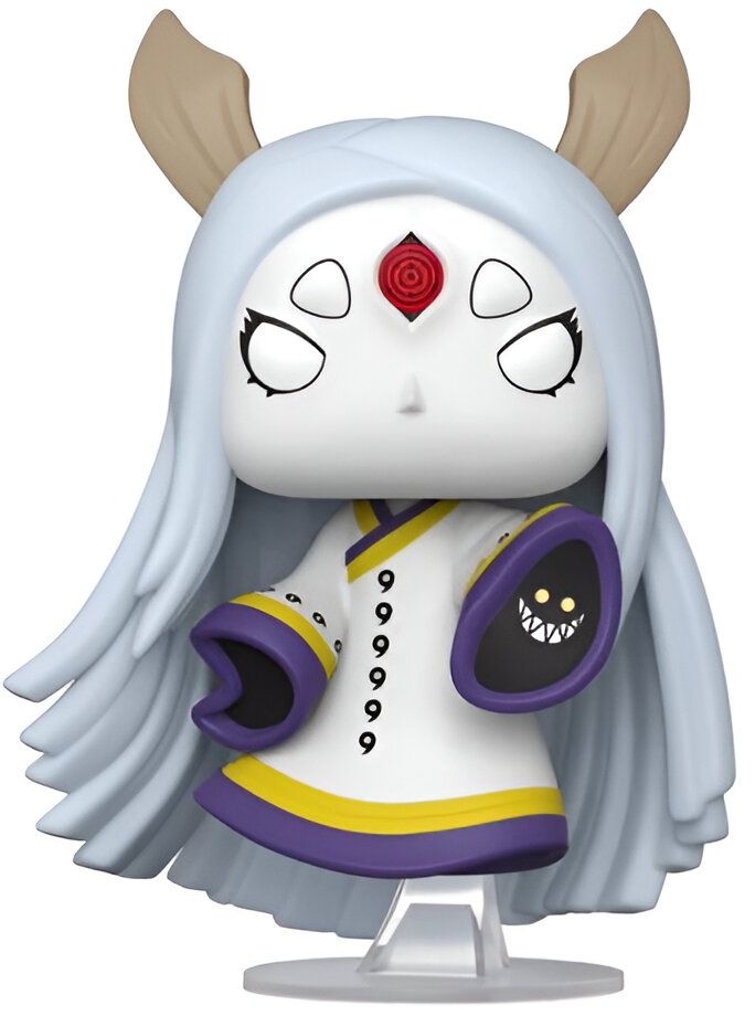 Figurine Funko Pop de Kaguya Otsutsuki, un personnage de l'anime Naruto. Elle est représentée avec ses longs cheveux blancs, sa robe blanche et violette et son troisième œil rouge.