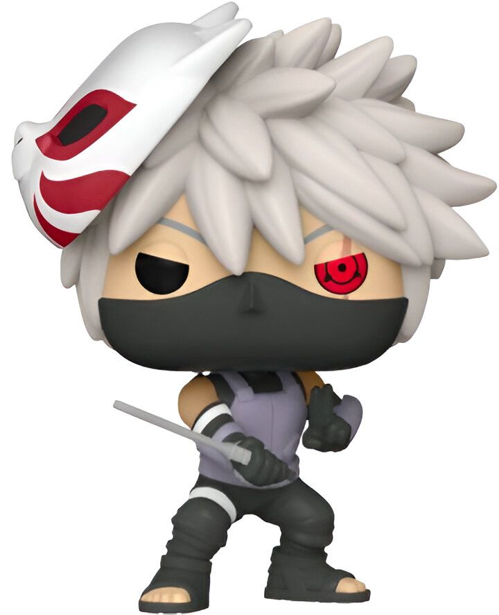 Une figurine Funko Pop de Kakashi Hatake du manga Naruto, avec son masque blanc et rouge et son Sharingan. Il est représenté en position de combat, prêt à attaquer.