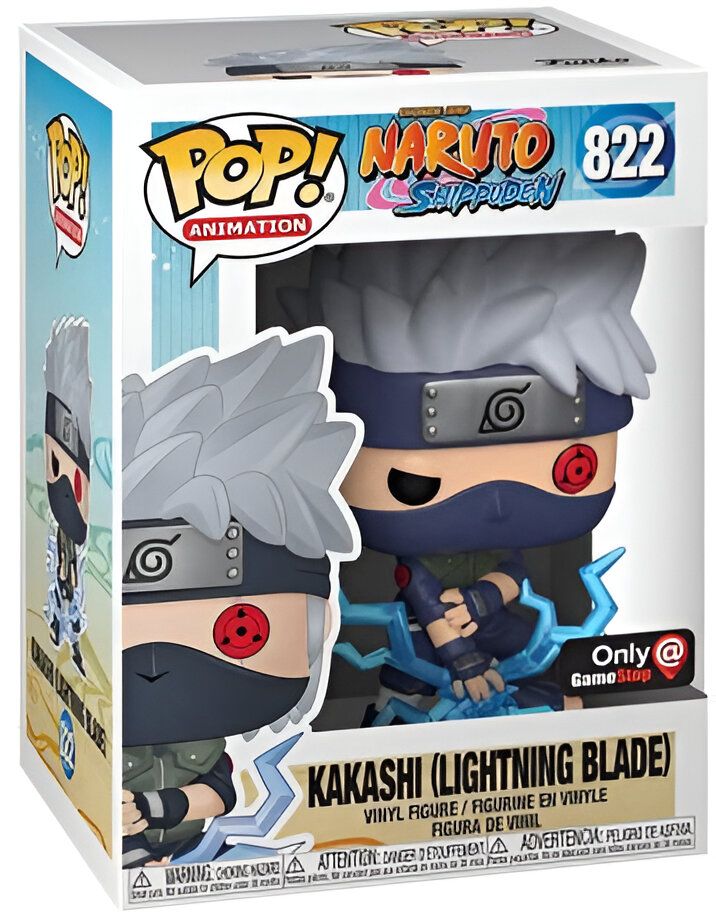 Une figurine Funko Pop! de Kakashi de Naruto Shippuden utilisant son épée éclair. Il est vêtu de sa tenue classique et a les cheveux blancs et la frange recouvrant son œil droit. Le fond est bleu et jaune avec le logo Naruto Shippuden. La figurine est en vinyle.