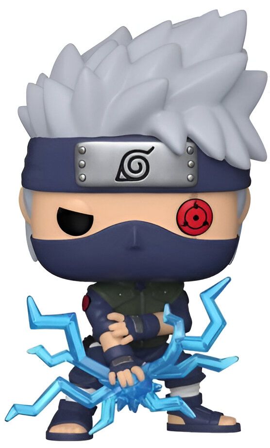 Figurine Funko Pop de Kakashi Hatake, un personnage populaire de l'anime Naruto, avec sa tenue signature et ses cheveux blancs emblématiques. Kakashi tient un éclair bleu qui symbolise ses pouvoirs de Lightning Release.