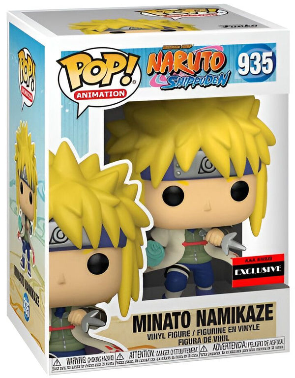 Une figurine Funko Pop de Minato Namikaze, le quatrième Hokage de Konoha, de la série Naruto Shippuden. La figurine est représentée dans son costume emblématique et tient un Rasengan.
