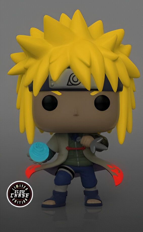 Figure Funko Pop de Naruto en édition limitée, représentant le personnage de Minato Namikaze, avec ses cheveux jaunes et son emblématique bandeau frontal, tenant une sphère bleue d'énergie et portant une robe blanche avec des détails rouges et noirs.