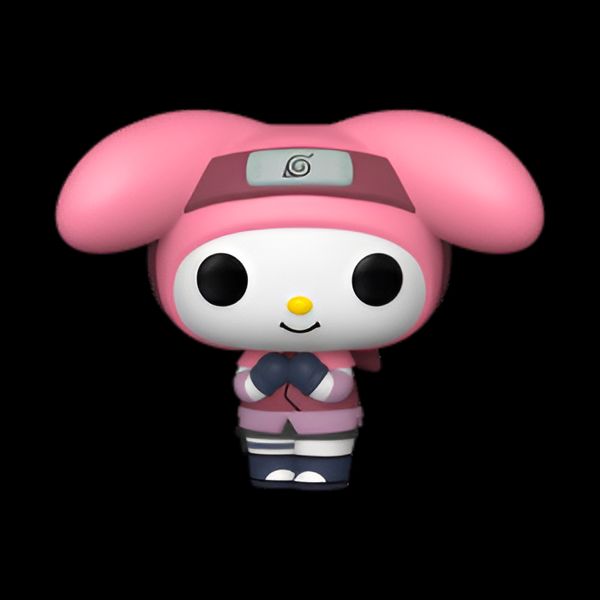 Une figurine Funko Pop de My Melody vêtue d'un costume de ninja rose, portant le bandeau frontal du village de Konoha et des gants noirs. Un cadeau idéal pour les fans de Naruto et de My Melody.