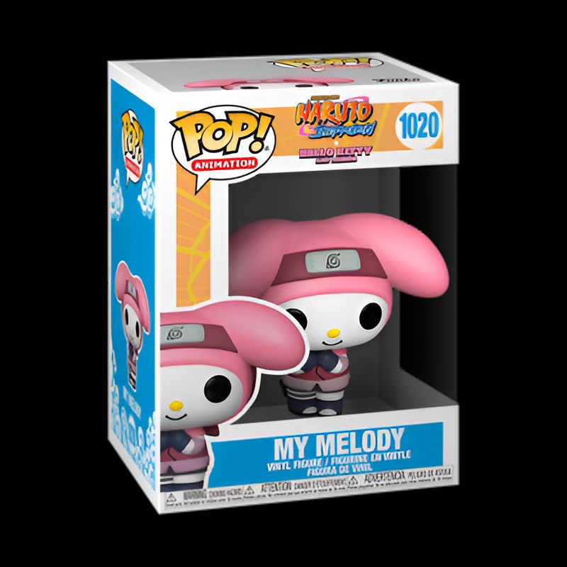 Une figurine Funko Pop de My Melody dans un costume de ninja Naruto. Elle est représentée avec sa tenue rose emblématique et un bandeau frontal avec le symbole du village caché de la feuille. La figurine est dans sa boîte d'origine.