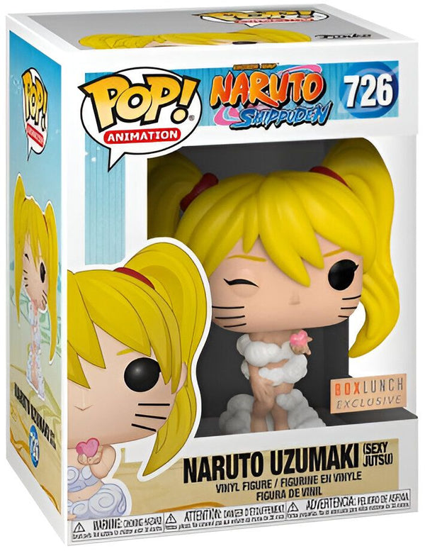 Figurine Funko Pop de Naruto Uzumaki (version Sexy Jutsu) en boîte exclusive BoxLunch. Naruto est représenté dans son costume de bain avec des nuages en arrière-plan.
