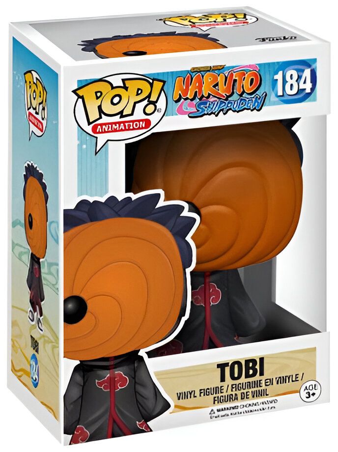Une figurine Funko Pop de Tobi de Naruto Shippuden avec son masque emblématique.  Le personnage est vêtu d'une robe noire avec des motifs rouges.