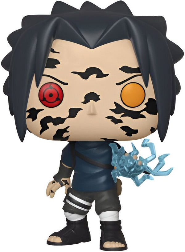Figure Funko Pop de Sasuke, personnage de l'anime Naruto, avec le Sharingan activé et des marques noires sur le visage. Sasuke porte un costume bleu et une épée bleue.