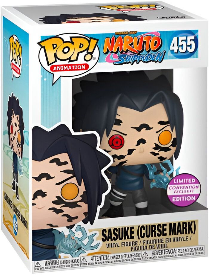 Figure Funko Pop de Sasuke avec la Marque de Malédiction de Naruto Shippuden.  Sasuke porte son uniforme bleu et sa marque de malédiction est clairement visible. Il tient dans sa main un éclair de foudre.  Figure exclusive aux conventions.