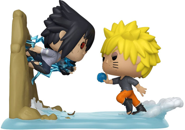 Figurines Funko Pop de Naruto et Sasuke en combat, Sasuke s'apprête à utiliser son Chidori tandis que Naruto utilise un Rasengan.
