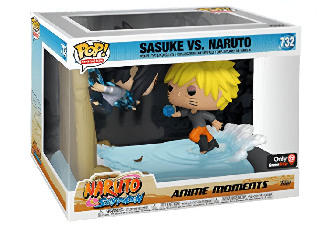 Pop Funko de Naruto et Sasuke dans une scène d'affrontement aquatique. Figurines de collection en vinyle représentant les célèbres personnages de l'anime Naruto.