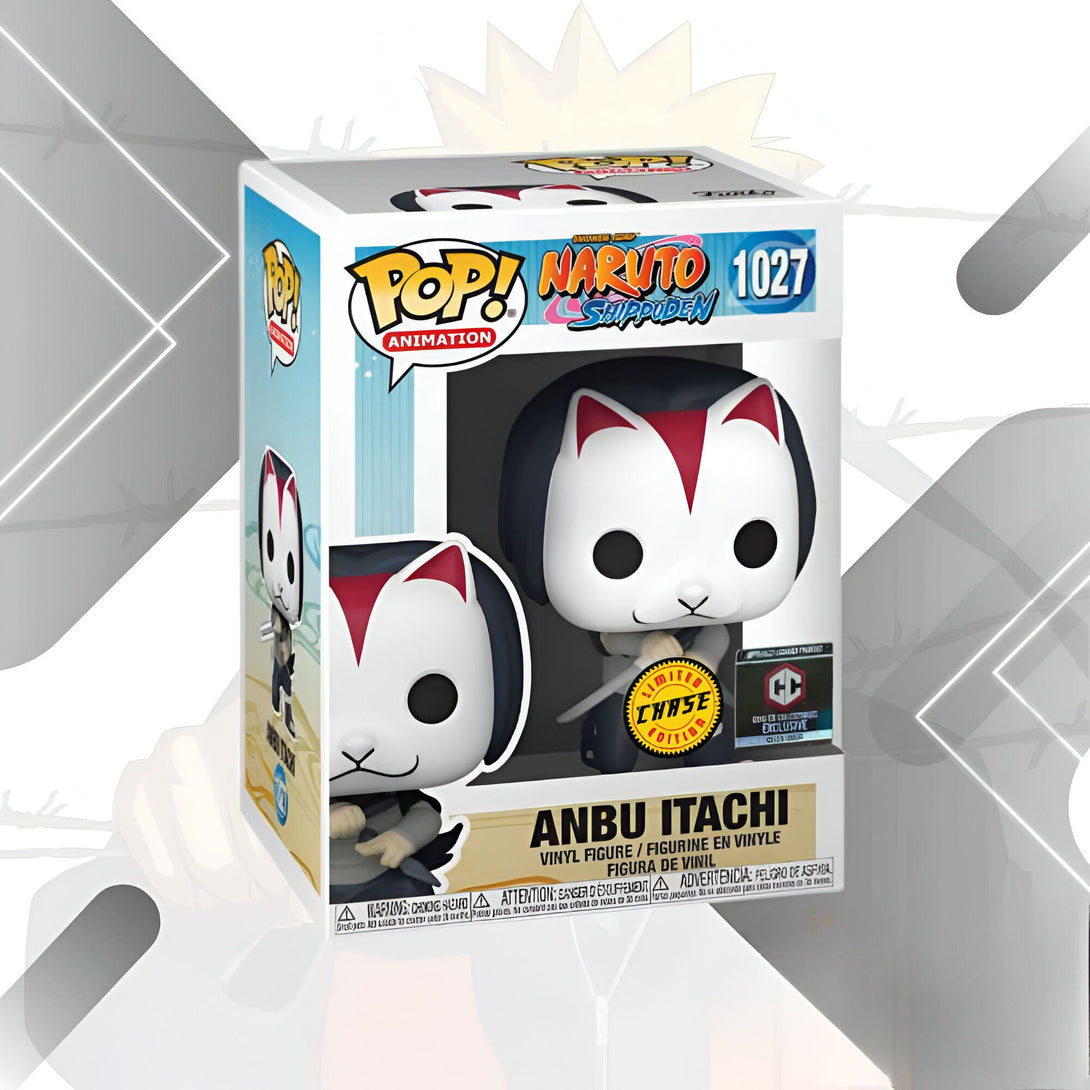 Une figurine Funko Pop! de la série Naruto Shippuden représentant Anbu Itachi avec son masque félin. La figurine est en vinyle et fait partie d'une édition limitée "Chase".
