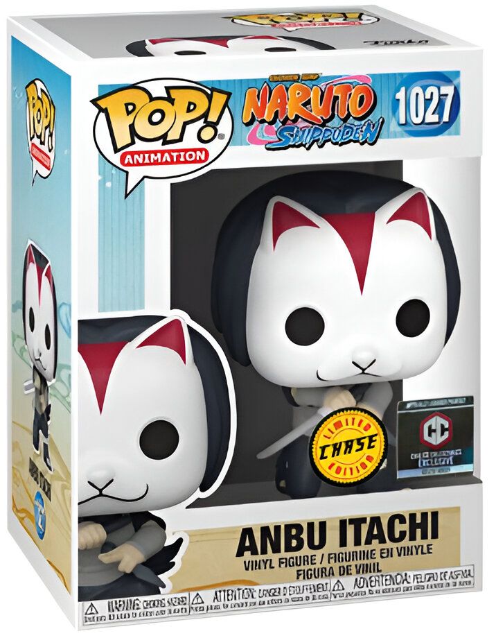 Figurine Pop! Animation d'Itachi Anbu, de l'anime Naruto Shippuden, portant un masque de chien avec des oreilles rouges. Cette version chase est rare et exclusive aux collectionneurs.