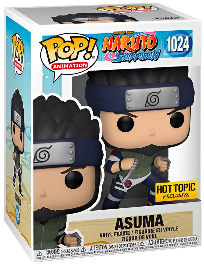 Figurine Funko Pop d'Asuma Sarutobi, un personnage de l'anime Naruto Shippuden, avec un bandeau frontal à l'effigie du village de Konoha. Cette figurine exclusive Hot Topic est idéale pour les fans de Naruto.