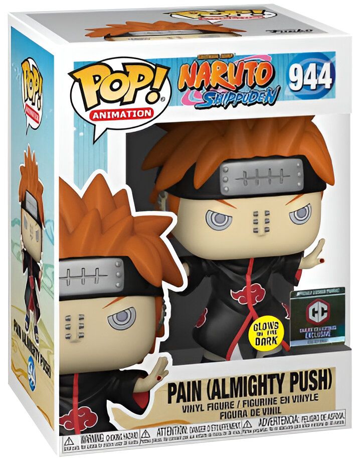 Une figurine Funko Pop de Pain (Almighty Push) de la série Naruto Shippuden. La figurine est une version glow-in-the-dark exclusive aux magasins GameStop.