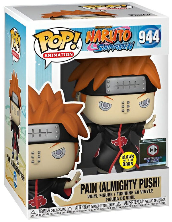 Une figurine Funko Pop de Pain (Almighty Push) de la série Naruto Shippuden. La figurine est une version glow-in-the-dark exclusive aux magasins GameStop.