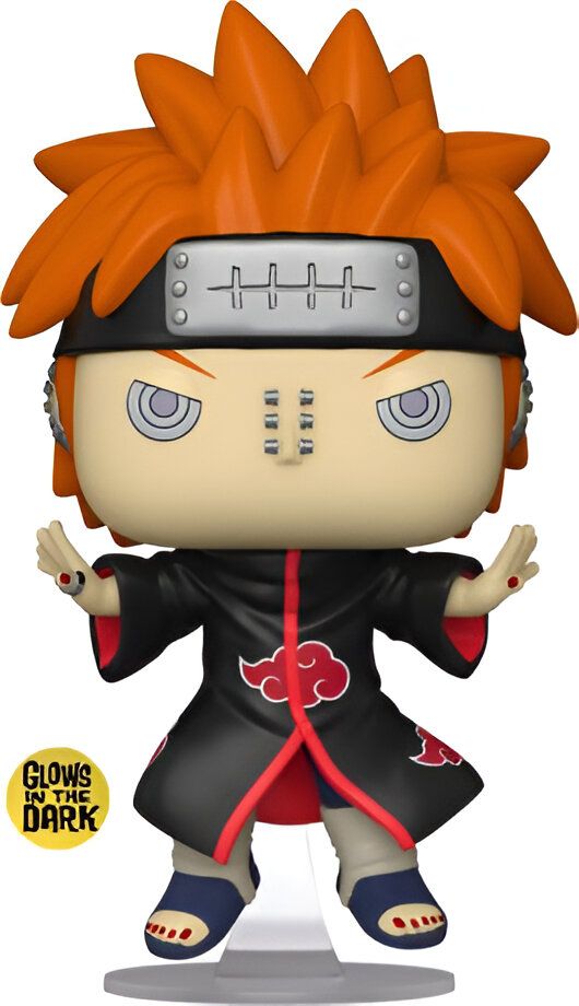 Figur de Pain de Naruto en vinyle, édition glow in the dark, de Funko Pop. Il porte sa tenue noire emblématique avec le symbole de Akatsuki sur la poitrine et a ses cheveux roux distinctifs.