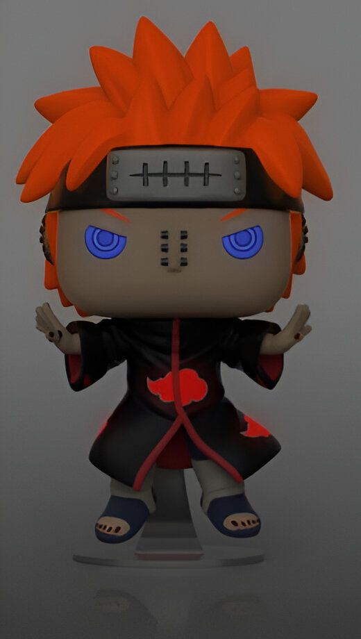 Figurine Funko Pop de Pain, un personnage de l'anime Naruto, avec ses cheveux roux distinctifs, son bandeau et sa tenue noire. Ses yeux bleus brillent dans le noir.