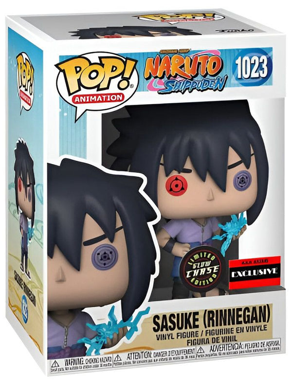 Figurine Funko Pop de Sasuke (Rinnegan) de la série Naruto Shippuden. Sasuke porte son costume de l'anime avec son Sharingan activé. Cette figurine exclusive est une édition limitée Glow Chase.