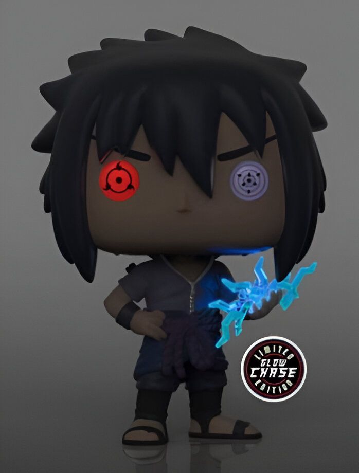 Figurine Funko Pop de Sasuke Uchiha, édition limitée "Glow Chase", avec des yeux rouge et bleu, tenant un éclair bleu.