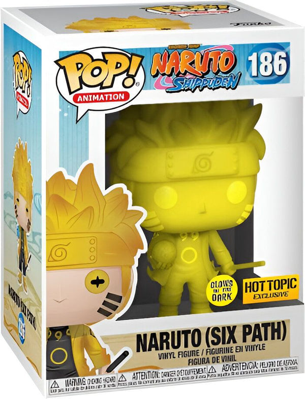 Une figurine Funko Pop de Naruto Uzumaki, dans sa version "Six Paths" de l'anime Naruto Shippuden, avec une finition jaune fluo qui brille dans le noir. Cette figurine exclusive Hot Topic est idéale pour les fans de l'univers Naruto.