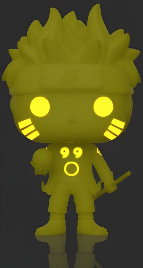 Naruto Uzumaki, le héros de l'anime Naruto, dans une figurine Funko Pop glow-in-the-dark. Il est représenté avec ses cheveux blonds en pointe, son bandeau frontal et son célèbre symbole du clan Uzumaki sur la poitrine.
