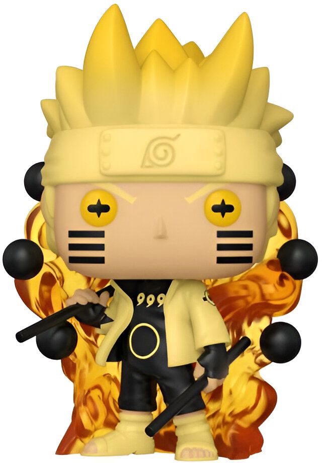 Naruto Uzumaki en version Funko Pop, le héros de l'anime Naruto, est représenté dans sa tenue de Sage des Six Chemins avec des boules de chakra jaunes. Il est entouré de flammes jaunes, symbolisant son chakra.