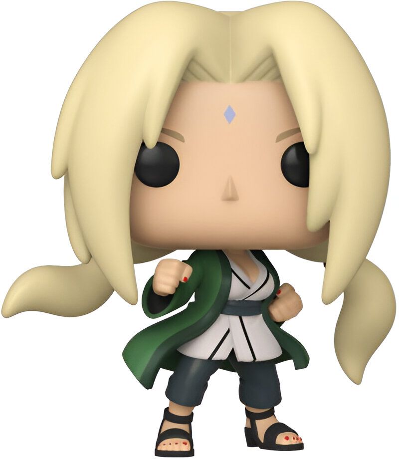 Figurine Funko Pop de Tsunade, personnage féminin de l'anime Naruto, dans une pose de combat. Elle porte une robe verte et un bandeau rouge, et ses longs cheveux blonds sont attachés.