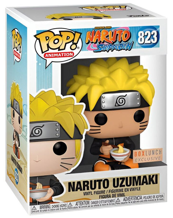 Figurine Funko Pop de Naruto Uzumaki en tenue décontractée, mangeant des nouilles dans un bol.  Naruto est un personnage populaire de l'anime japonais Naruto.  La figurine est en vinyle et est une exclusivité BoxLunch.