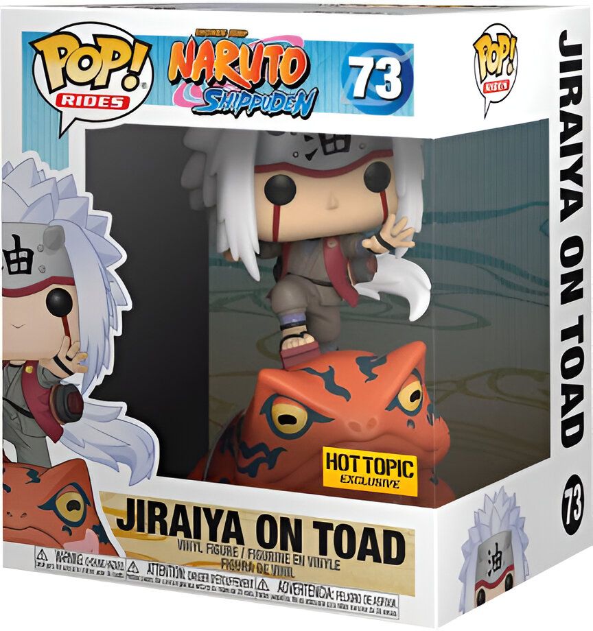 Une figurine Funko Pop Rides de Jiraiya, un personnage de l'anime Naruto, monté sur une grenouille géante. La figurine est en vinyle et est une exclusivité Hot Topic.