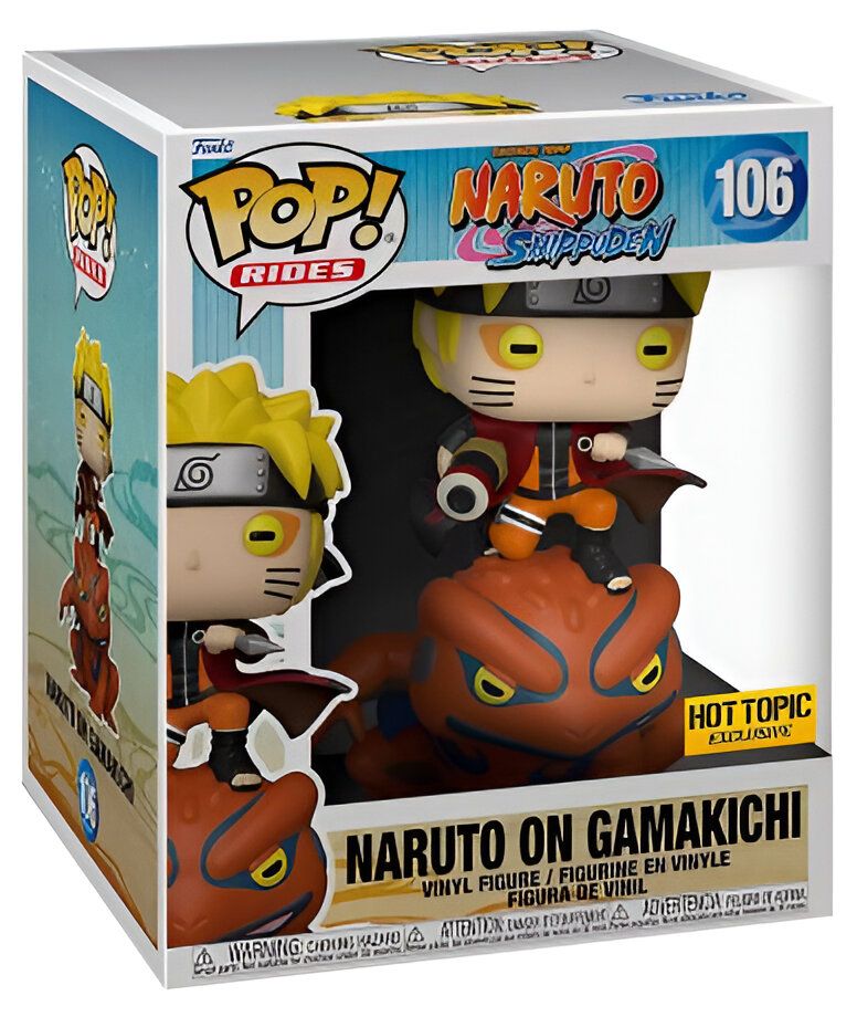 Figurine Funko Pop Rides de Naruto sur Gamakichi, une figurine en vinyle exclusive Hot Topic, avec Naruto sur son crapaud.