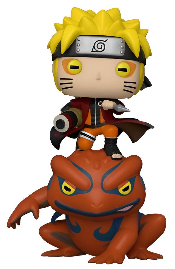 Naruto Uzumaki, personnage principal de l'anime Naruto, en figurine Funko Pop, se tient debout sur une grenouille géante avec un bandeau sur la tête et un katana à la main.