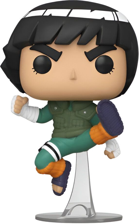 Figurines Pop de Rock Lee, personnage de l'anime Naruto, en position de combat, avec un costume vert et une bande blanche sur la jambe. La figurine est posée sur un socle transparent.