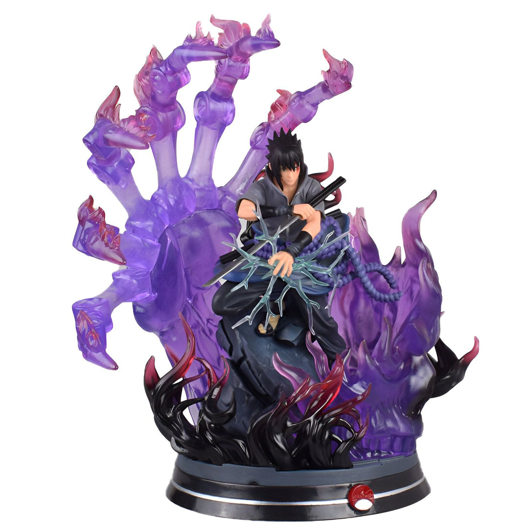 Figurines Naruto Shippuden Sasuke Uchiha Rinnegan avec base de flammes violettes et noires.