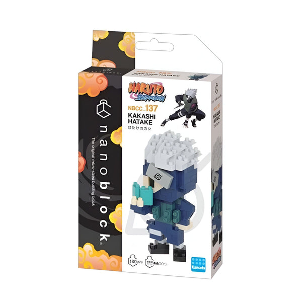 Boîte de construction Nanoblock représentant Kakashi Hatake, un personnage de l'anime Naruto Shippuden. La boîte est bleue et contient 180 pièces.