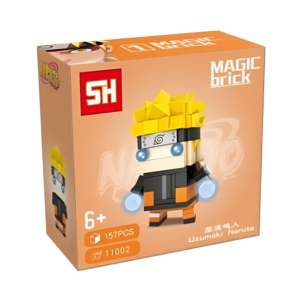 Boîte de construction en briques "Magic Brick" représentant Naruto Uzumaki de la série animée "Naruto". Ce set contient 157 pièces et est recommandé pour les enfants de 6 ans et plus.