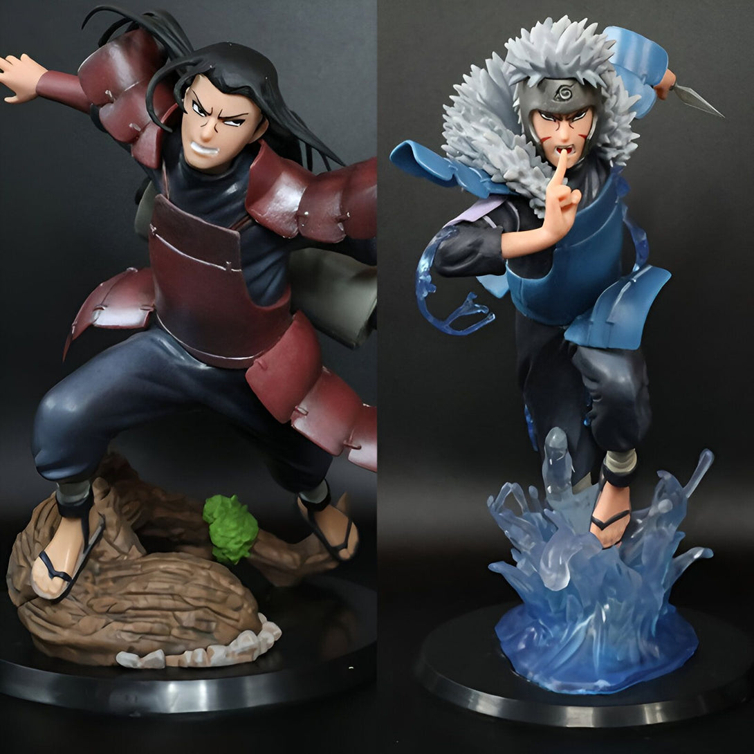 Deux figurines Naruto, l'une de Hidan avec un fond de forêt et l'autre de Kisame sur un fond d'eau.  Les figurines sont très détaillées et sont de qualité supérieure.