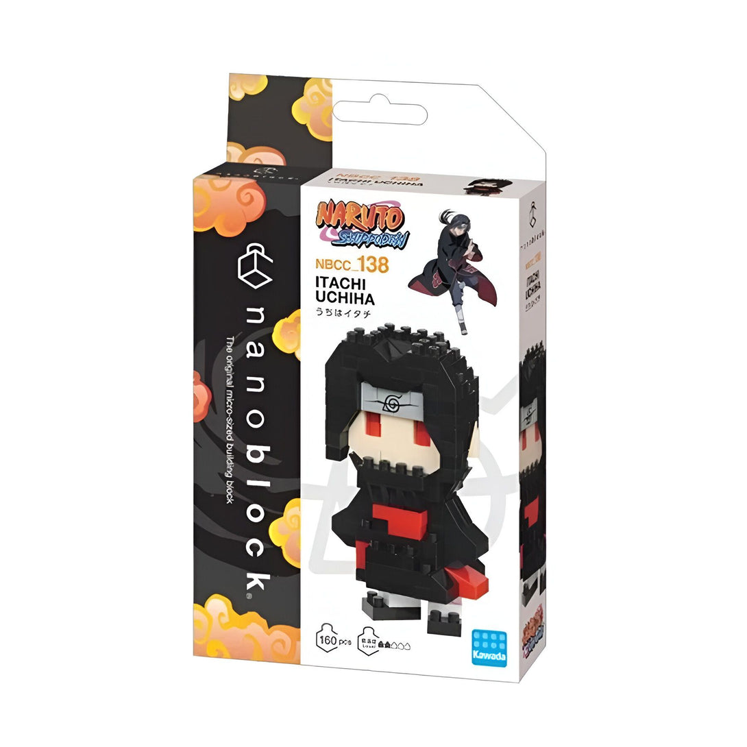 Boîte de construction Nanoblock de l'anime Naruto Shippuden représentant le personnage d'Itachi Uchiwa, avec un design en briques miniature.