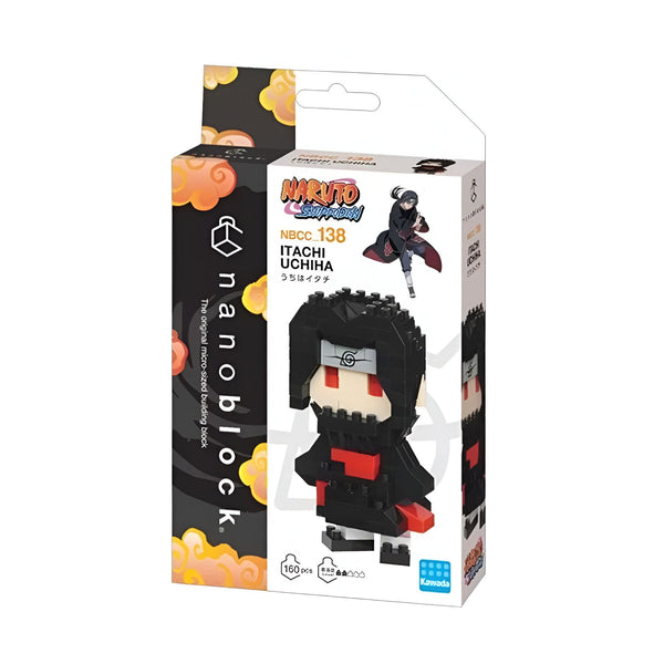 Boîte de construction Nanoblock de l'anime Naruto Shippuden représentant le personnage d'Itachi Uchiwa, avec un design en briques miniature.
