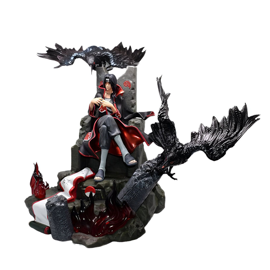 Statue de collection de Pain du manga Naruto, assis sur son trône avec deux corbeaux noirs. Le tout est posé sur une base de pierre avec des flammes rouges.