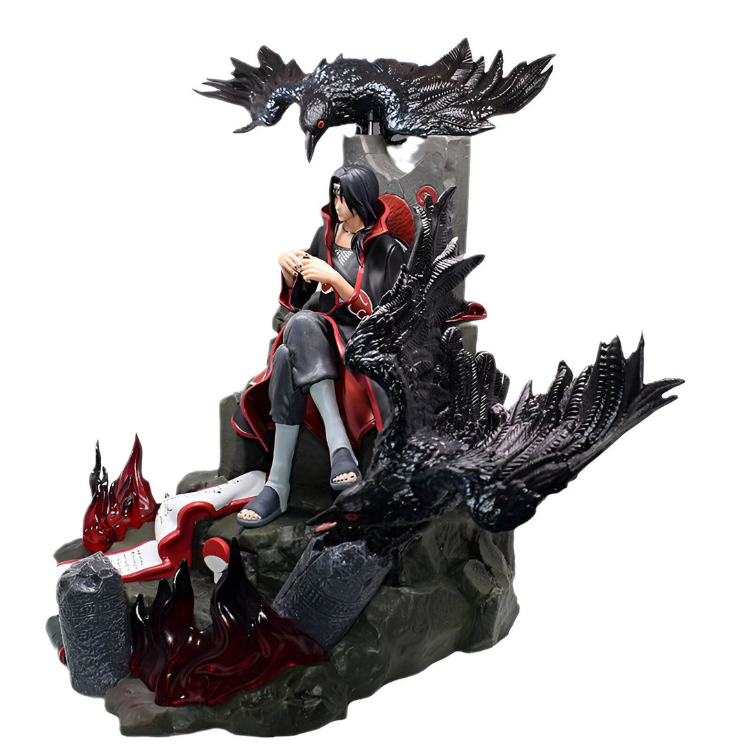 Figurines de collection Naruto, représentant Pain assis sur un trône, entouré de corbeaux noirs et de flammes rouges.