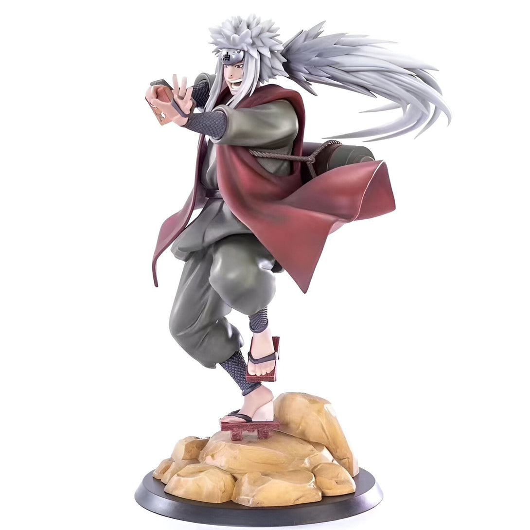 Figur de collection de Jiraya de Naruto, debout sur un rocher avec un fond blanc. Cette figurine détaillée est un excellent ajout à toute collection de fans de Naruto.