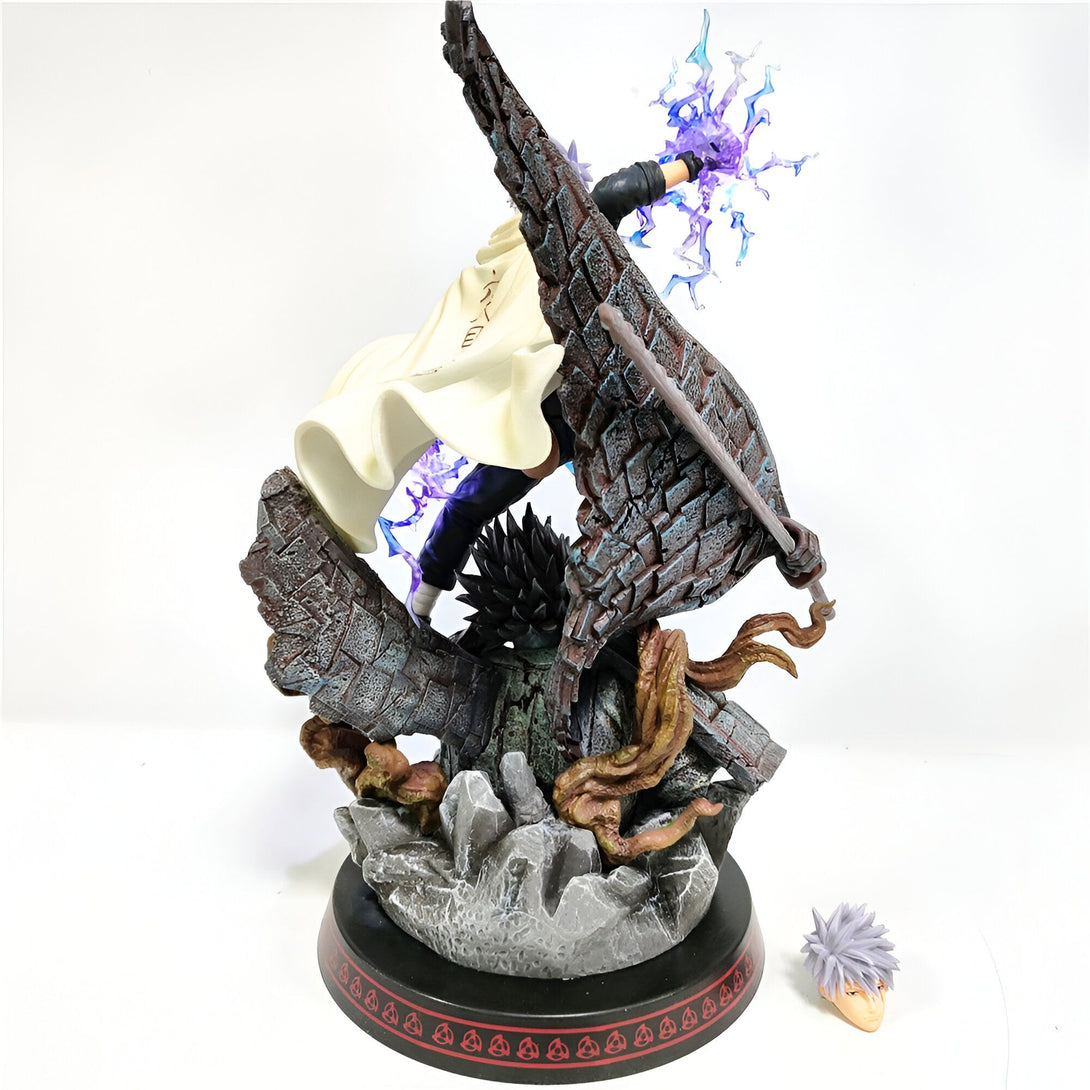 Statue de Naruto Shippuden représentant Kakashi Hatake avec son Sharingan activé, se tenant sur un socle en pierre et utilisant le Raikiri. La figurine est représentée avec une grande précision et est parfaite pour les fans de l'anime Naruto.