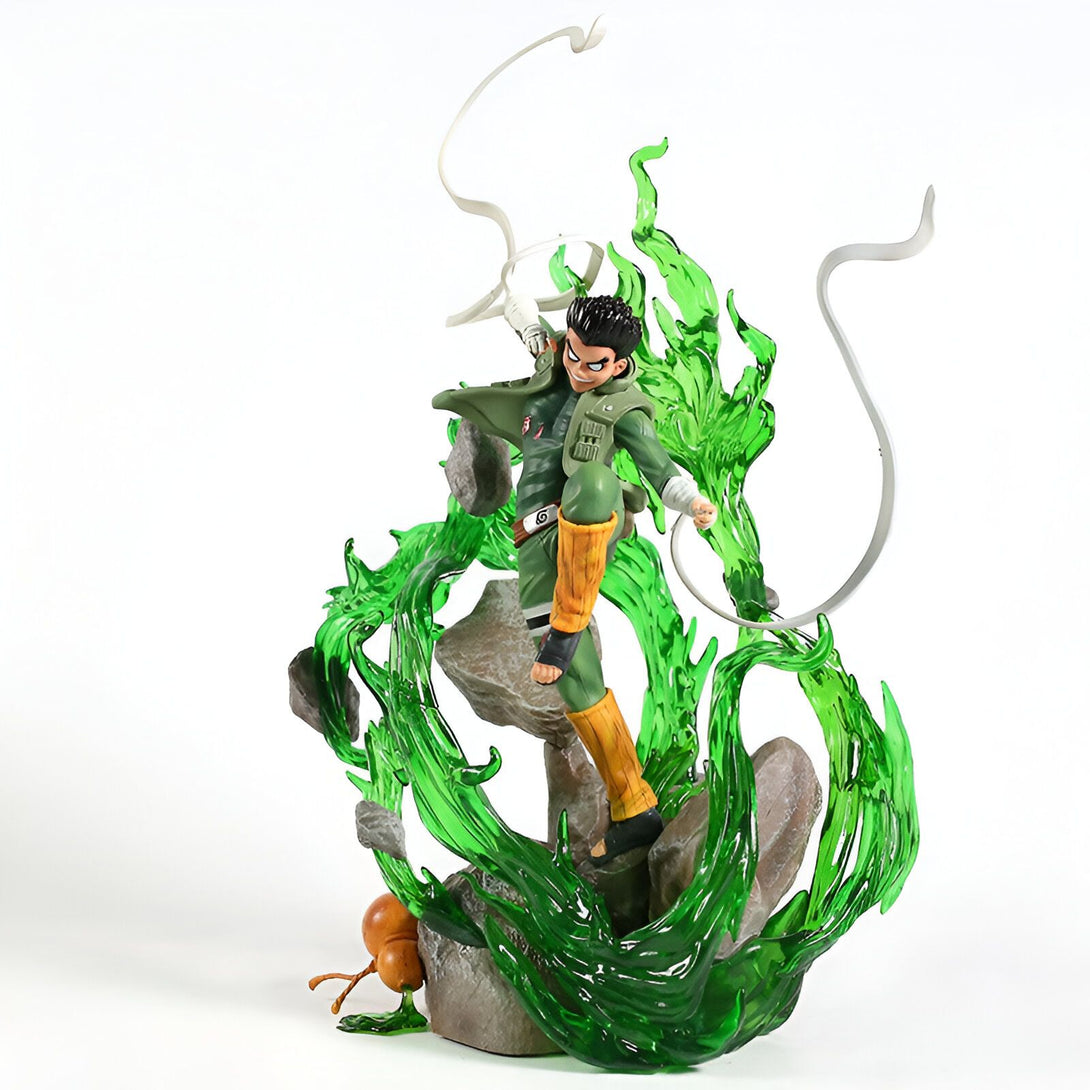 Figurines de collection Naruto - Figurine de Might Guy en action, entouré d'effets spéciaux verts, rappelant sa technique du "Lotus de la Mort".